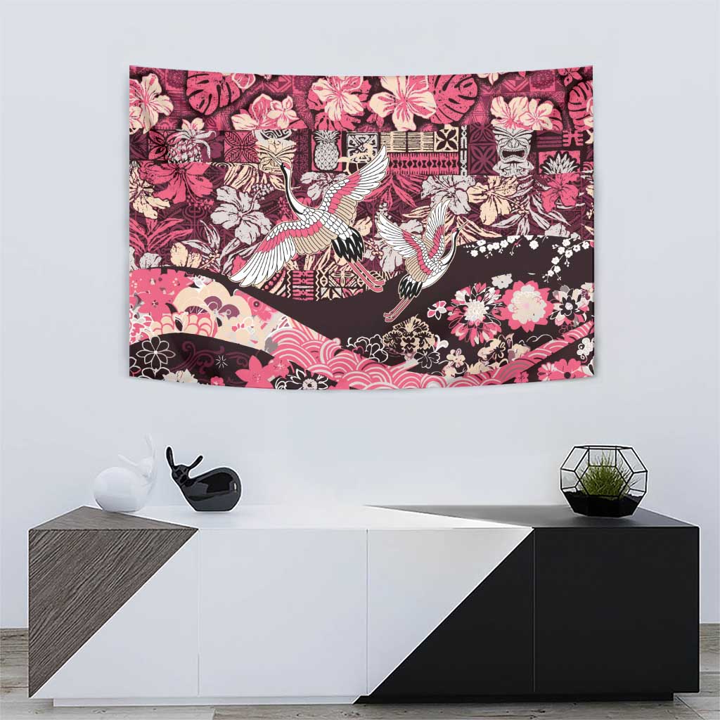 Japanese Hawaiian Crane Tapestry Soft Pink Tapa Patchwork Pattern LT9 - Polynesian Pride