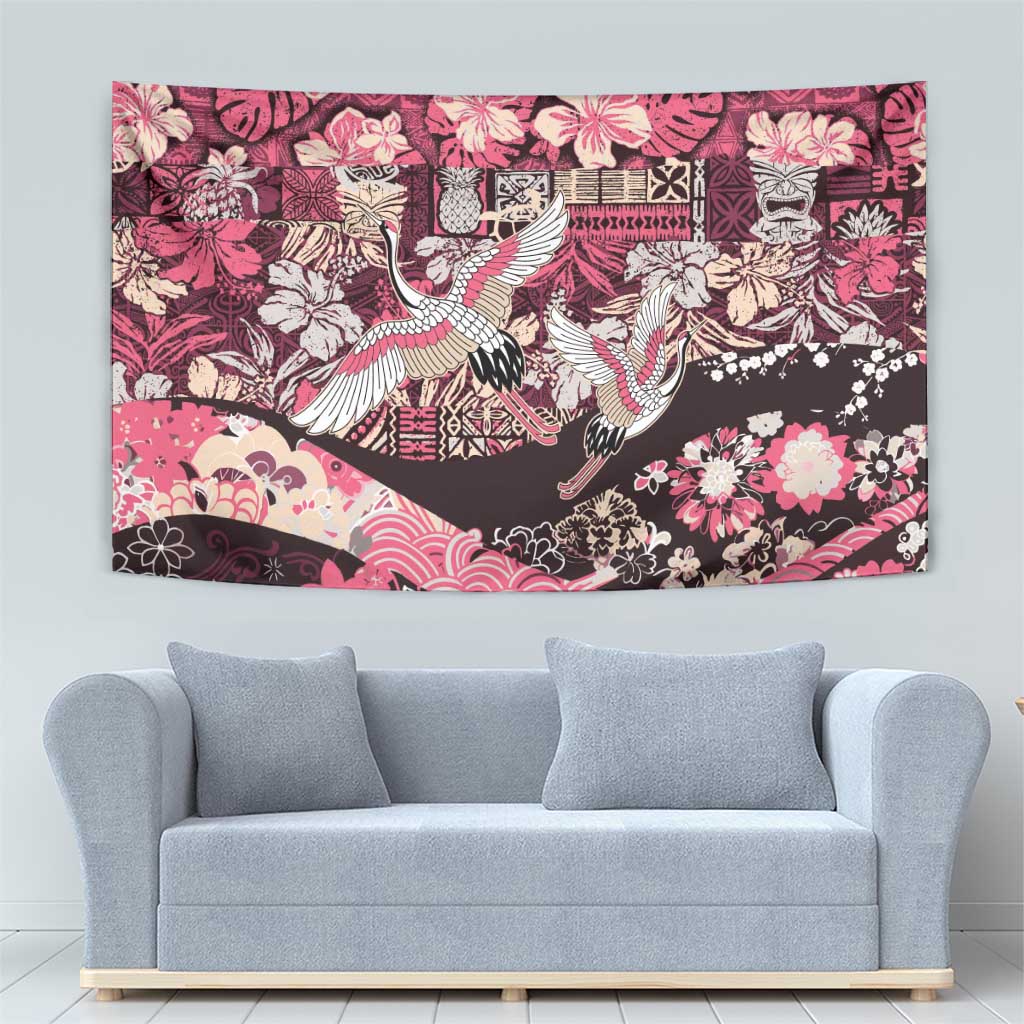 Japanese Hawaiian Crane Tapestry Soft Pink Tapa Patchwork Pattern LT9 - Polynesian Pride