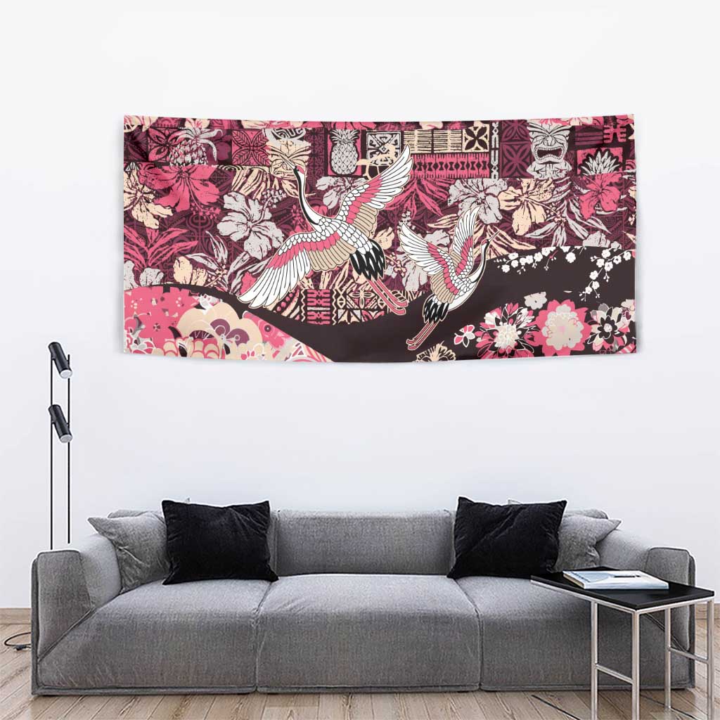 Japanese Hawaiian Crane Tapestry Soft Pink Tapa Patchwork Pattern LT9 - Polynesian Pride
