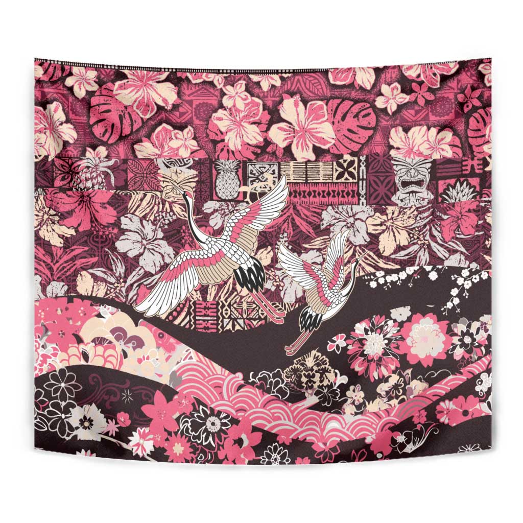 Japanese Hawaiian Crane Tapestry Soft Pink Tapa Patchwork Pattern LT9 - Polynesian Pride