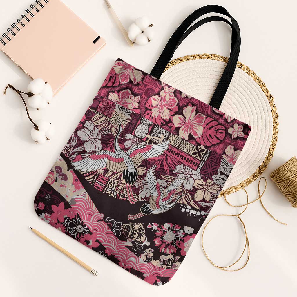 Japanese Hawaiian Crane Tote Bag Soft Pink Tapa Patchwork Pattern LT9 Black Strap One Size Pink - Polynesian Pride