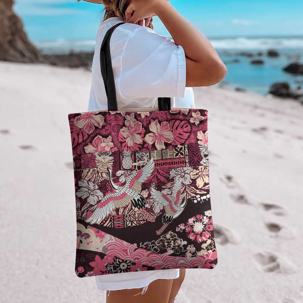 Japanese Hawaiian Crane Tote Bag Soft Pink Tapa Patchwork Pattern LT9 - Polynesian Pride
