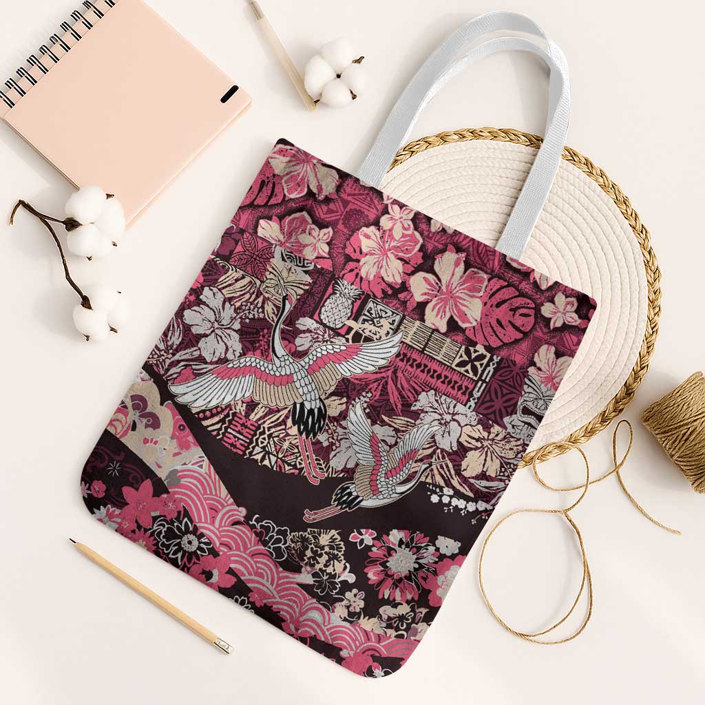 Japanese Hawaiian Crane Tote Bag Soft Pink Tapa Patchwork Pattern LT9 White Strap One Size Pink - Polynesian Pride