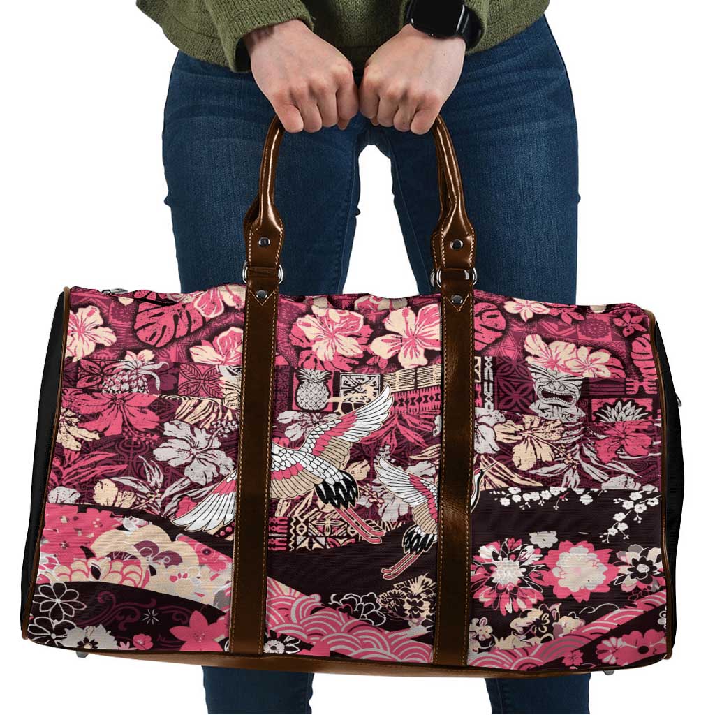 Japanese Hawaiian Crane Travel Bag Soft Pink Tapa Patchwork Pattern