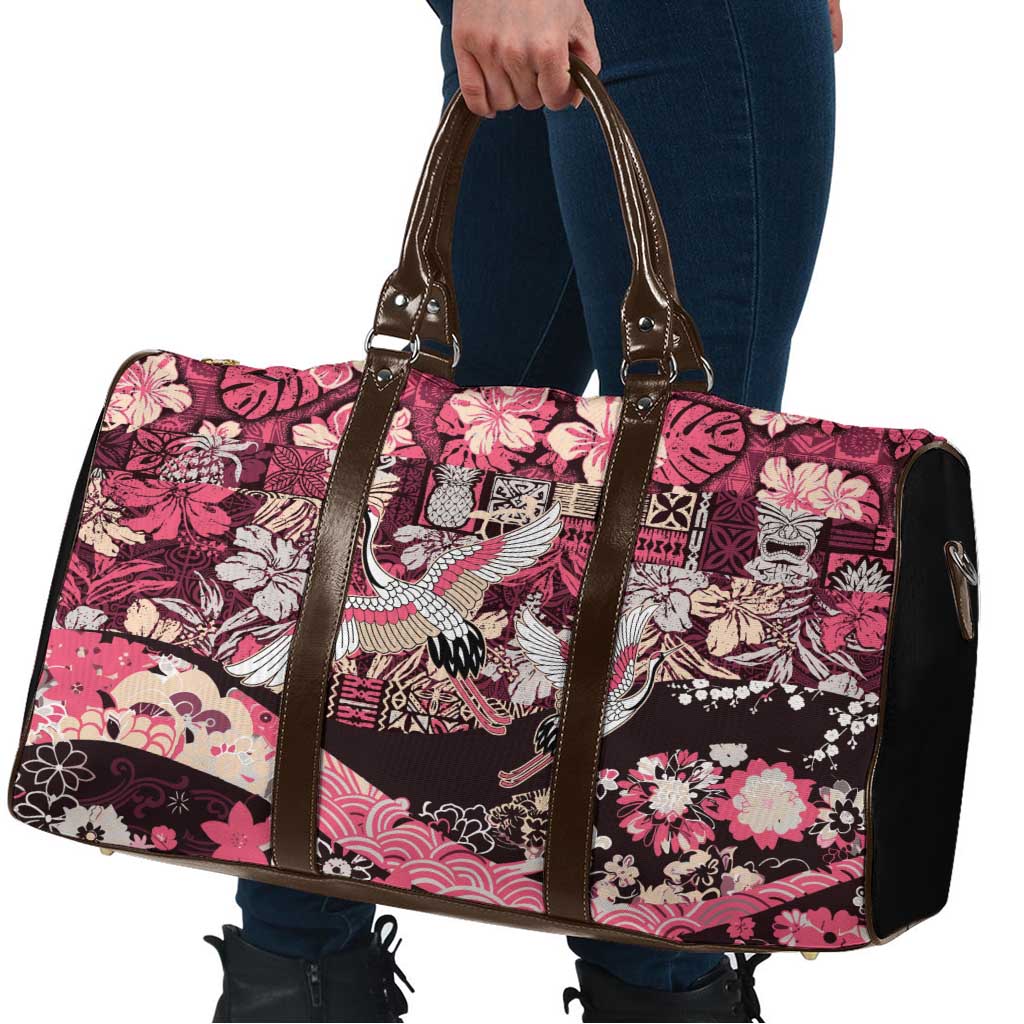 Japanese Hawaiian Crane Travel Bag Soft Pink Tapa Patchwork Pattern