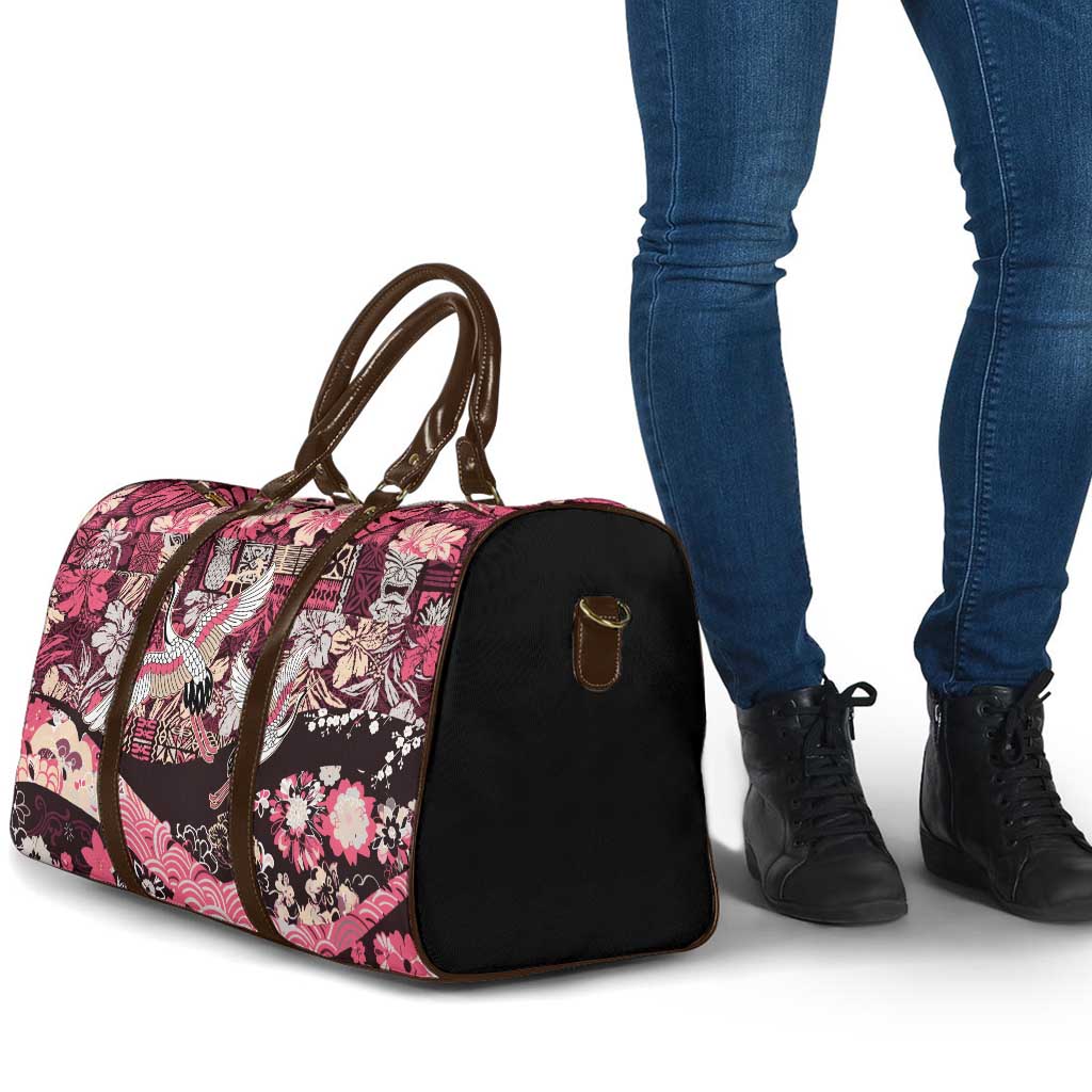 Japanese Hawaiian Crane Travel Bag Soft Pink Tapa Patchwork Pattern