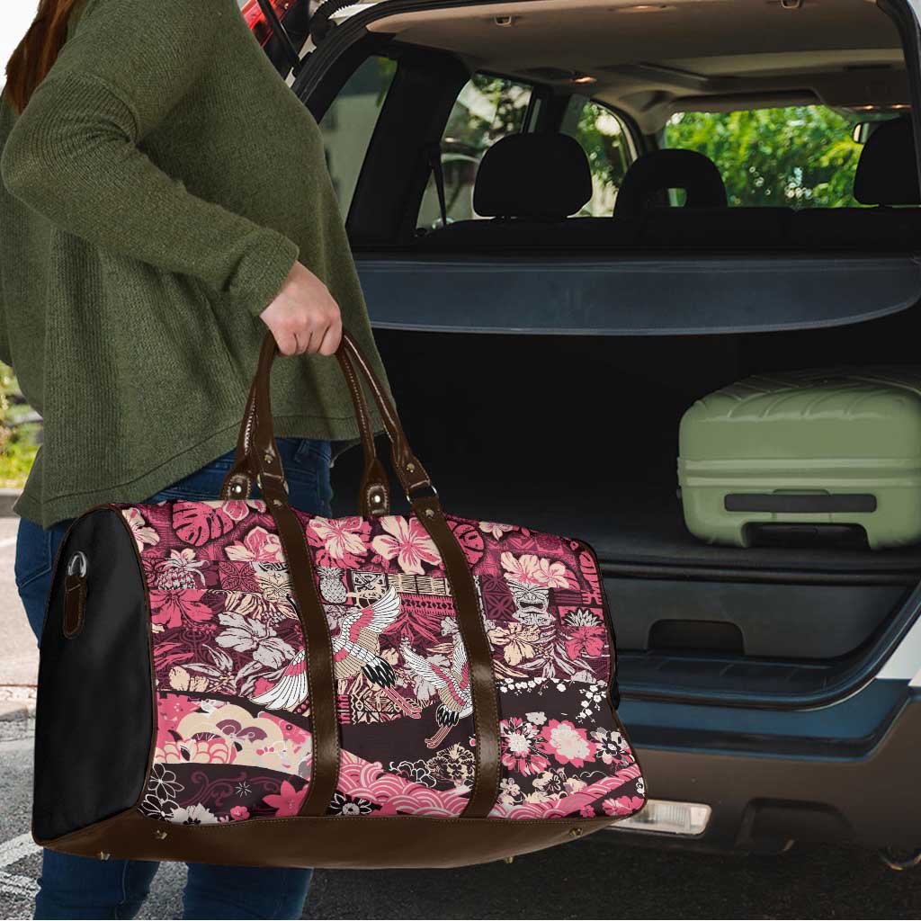 Japanese Hawaiian Crane Travel Bag Soft Pink Tapa Patchwork Pattern