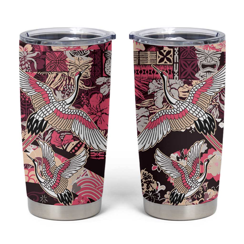 Japanese Hawaiian Crane Tumbler Cup Soft Pink Tapa Patchwork Pattern LT9 Pink - Polynesian Pride
