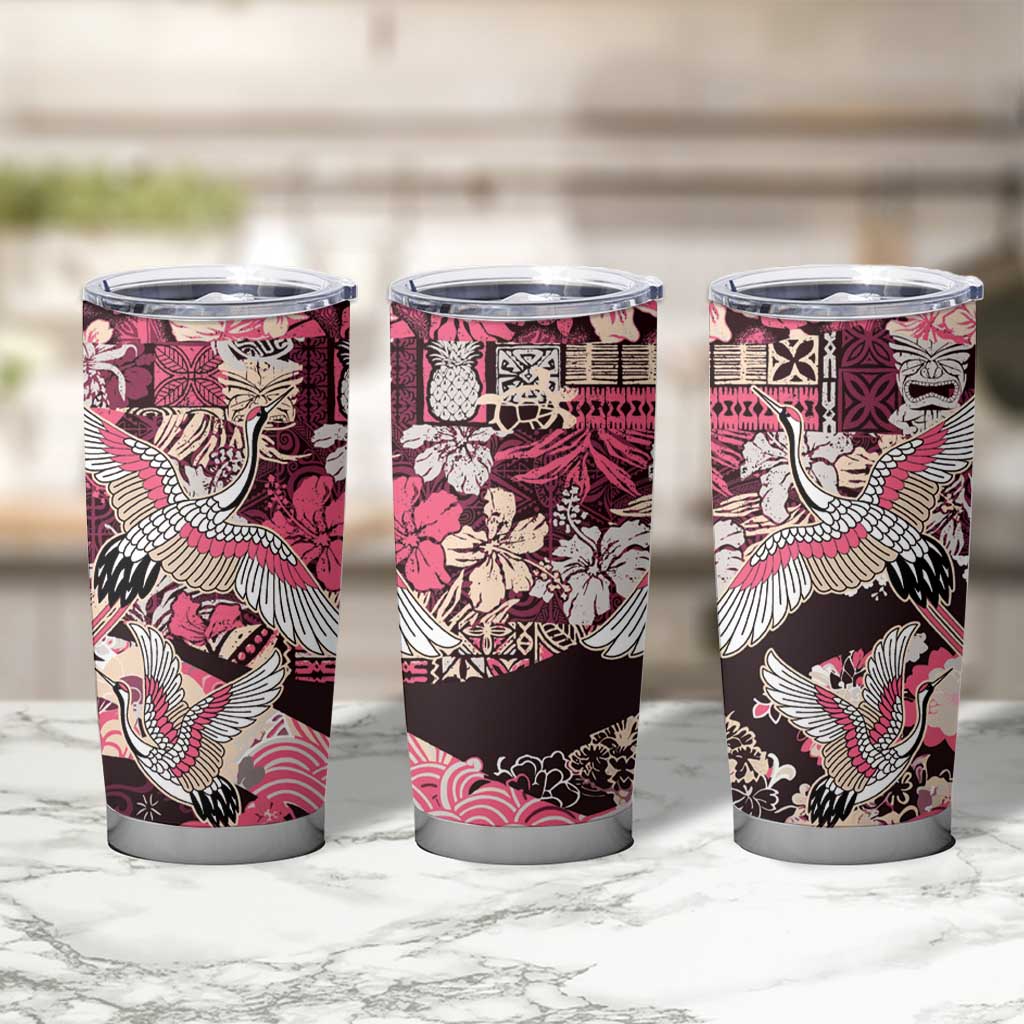 Japanese Hawaiian Crane Tumbler Cup Soft Pink Tapa Patchwork Pattern LT9 - Polynesian Pride
