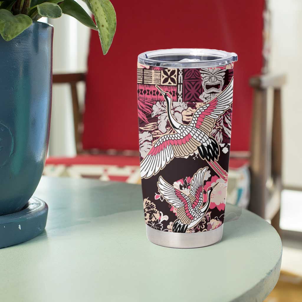 Japanese Hawaiian Crane Tumbler Cup Soft Pink Tapa Patchwork Pattern LT9 - Polynesian Pride