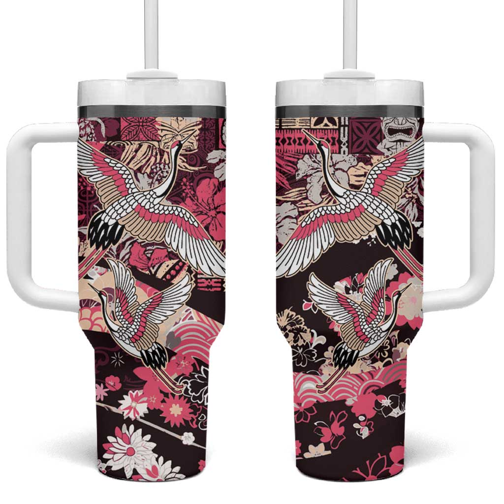 Japanese Hawaiian Crane Tumbler With Handle Soft Pink Tapa Patchwork Pattern LT9 One Size: 40 oz Pink - Polynesian Pride
