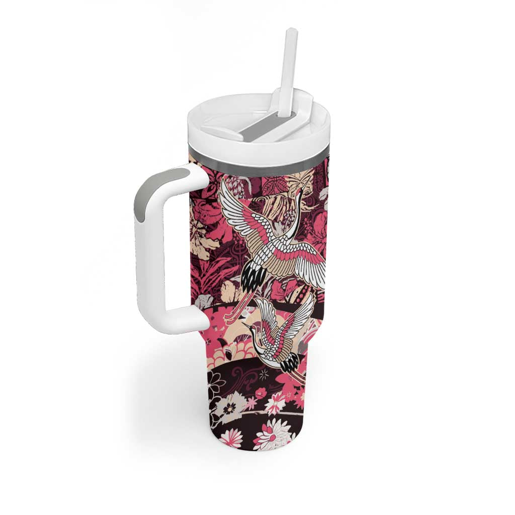 Japanese Hawaiian Crane Tumbler With Handle Soft Pink Tapa Patchwork Pattern LT9 - Polynesian Pride