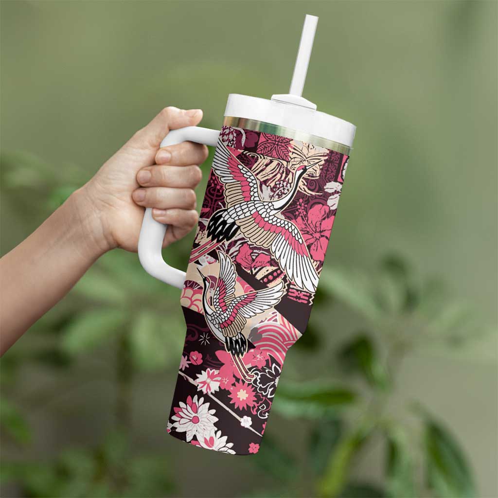 Japanese Hawaiian Crane Tumbler With Handle Soft Pink Tapa Patchwork Pattern LT9 - Polynesian Pride