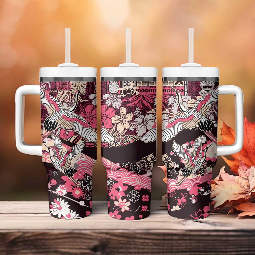 Japanese Hawaiian Crane Tumbler With Handle Soft Pink Tapa Patchwork Pattern LT9 - Polynesian Pride