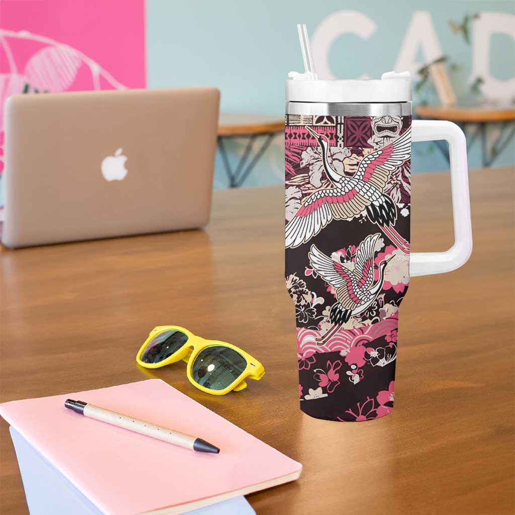 Japanese Hawaiian Crane Tumbler With Handle Soft Pink Tapa Patchwork Pattern LT9 - Polynesian Pride