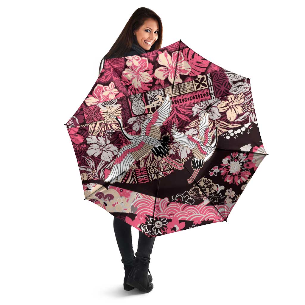 Japanese Hawaiian Crane Umbrella Soft Pink Tapa Patchwork Pattern LT9 - Polynesian Pride