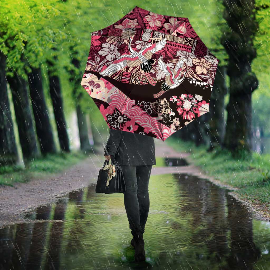 Japanese Hawaiian Crane Umbrella Soft Pink Tapa Patchwork Pattern LT9 - Polynesian Pride