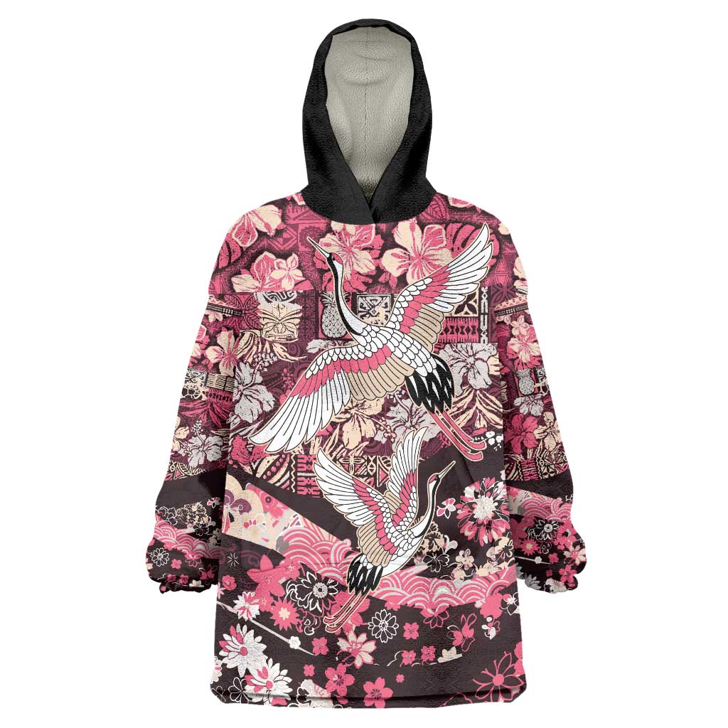 Japanese Hawaiian Crane Wearable Blanket Hoodie Soft Pink Tapa Patchwork Pattern LT9 One Size Pink - Polynesian Pride