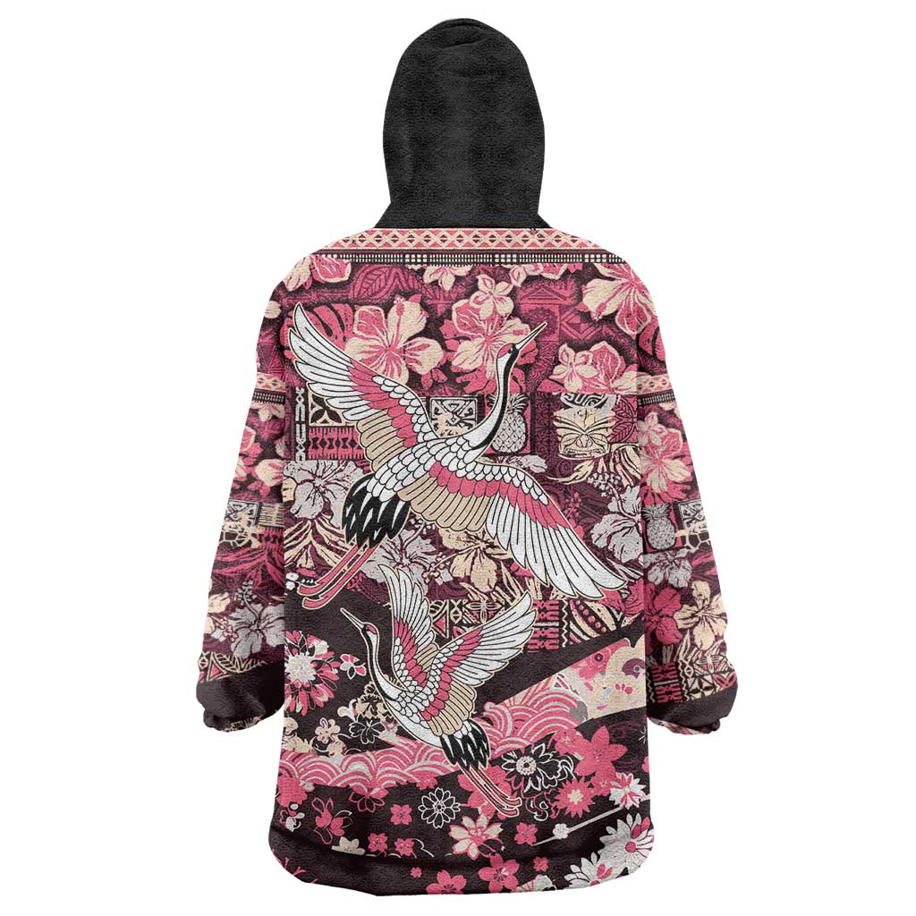 Japanese Hawaiian Crane Wearable Blanket Hoodie Soft Pink Tapa Patchwork Pattern LT9 - Polynesian Pride