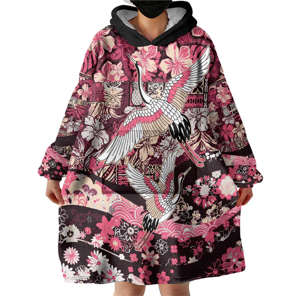 Japanese Hawaiian Crane Wearable Blanket Hoodie Soft Pink Tapa Patchwork Pattern LT9 - Polynesian Pride