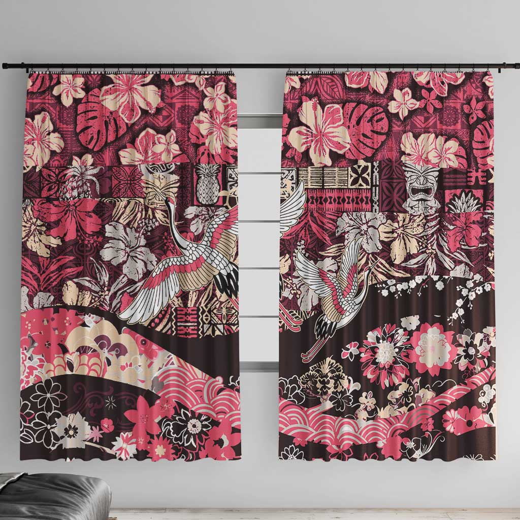 Japanese Hawaiian Crane Window Curtain Soft Pink Tapa Patchwork Pattern LT9 With Hooks Pink - Polynesian Pride