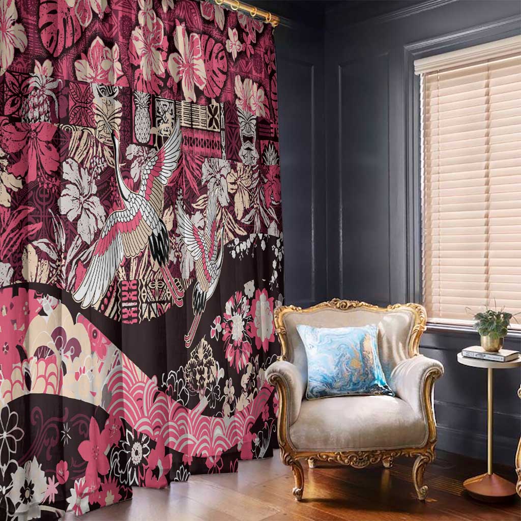 Japanese Hawaiian Crane Window Curtain Soft Pink Tapa Patchwork Pattern LT9 - Polynesian Pride