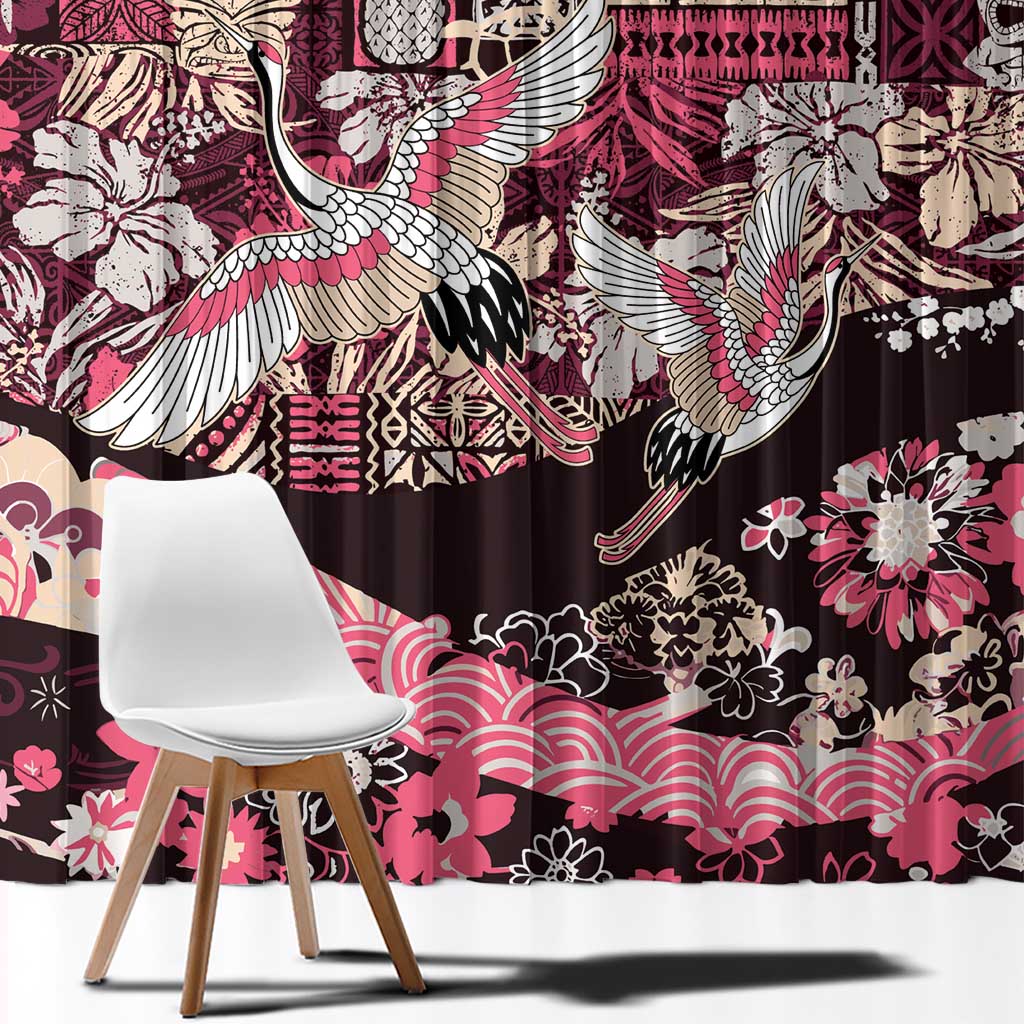 Japanese Hawaiian Crane Window Curtain Soft Pink Tapa Patchwork Pattern LT9 - Polynesian Pride