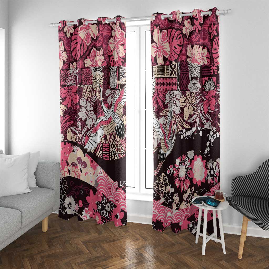 Japanese Hawaiian Crane Window Curtain Soft Pink Tapa Patchwork Pattern LT9 With Grommets Pink - Polynesian Pride