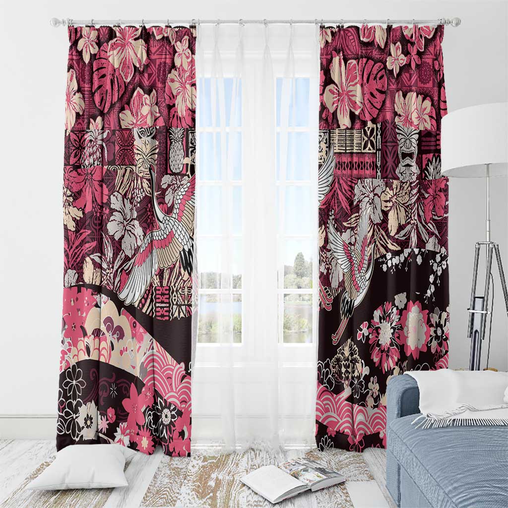 Japanese Hawaiian Crane Window Curtain Soft Pink Tapa Patchwork Pattern LT9 - Polynesian Pride
