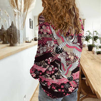 Japanese Hawaiian Crane Women Casual Shirt Soft Pink Tapa Patchwork Pattern LT9 - Polynesian Pride