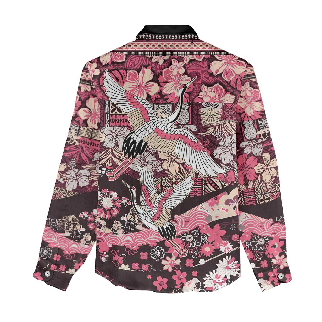 Japanese Hawaiian Crane Women Casual Shirt Soft Pink Tapa Patchwork Pattern LT9 - Polynesian Pride