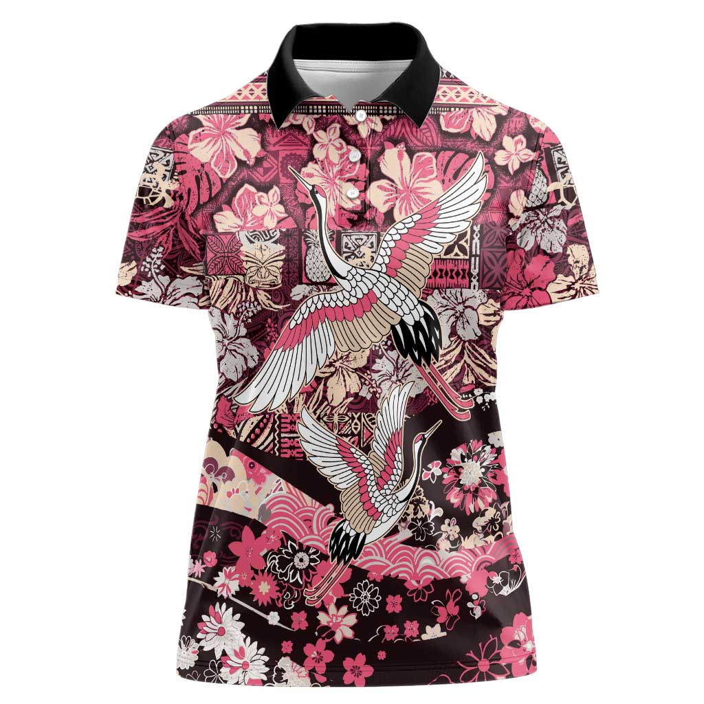 Japanese Hawaiian Crane Women Polo Shirt Soft Pink Tapa Patchwork Pattern LT9 Female Pink - Polynesian Pride