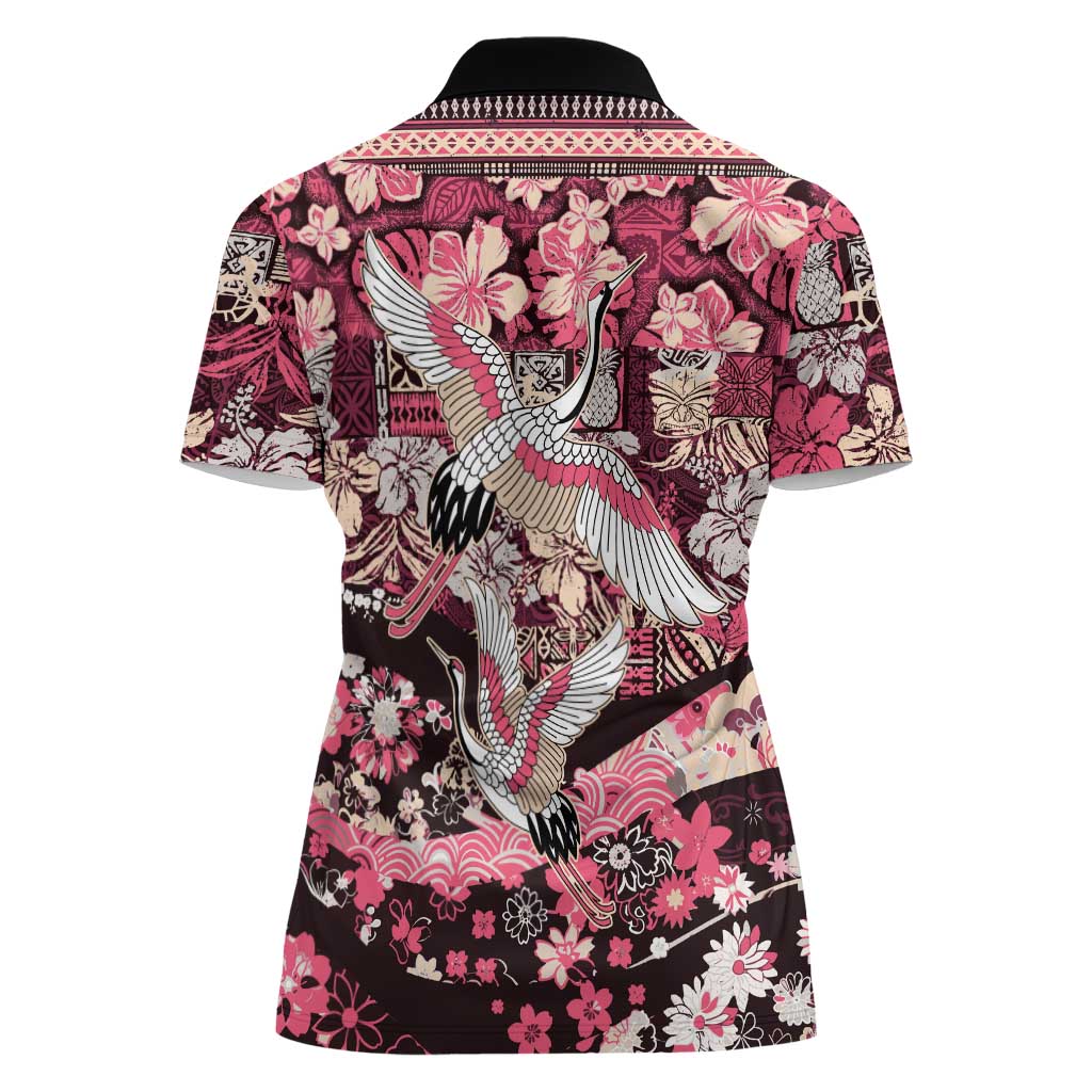 Japanese Hawaiian Crane Women Polo Shirt Soft Pink Tapa Patchwork Pattern LT9 - Polynesian Pride
