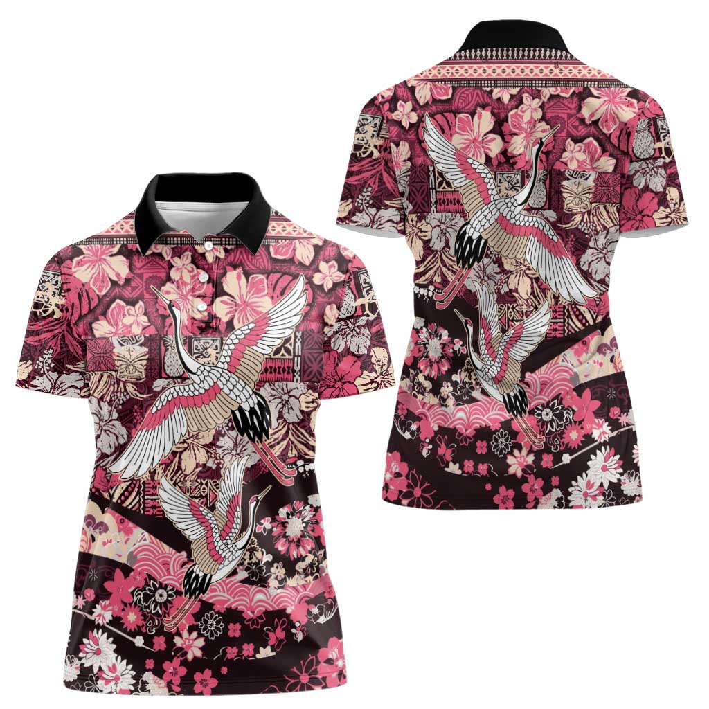 Japanese Hawaiian Crane Women Polo Shirt Soft Pink Tapa Patchwork Pattern LT9 - Polynesian Pride