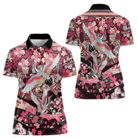 Japanese Hawaiian Crane Women Polo Shirt Soft Pink Tapa Patchwork Pattern LT9 - Polynesian Pride