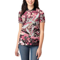 Japanese Hawaiian Crane Women Polo Shirt Soft Pink Tapa Patchwork Pattern LT9 - Polynesian Pride