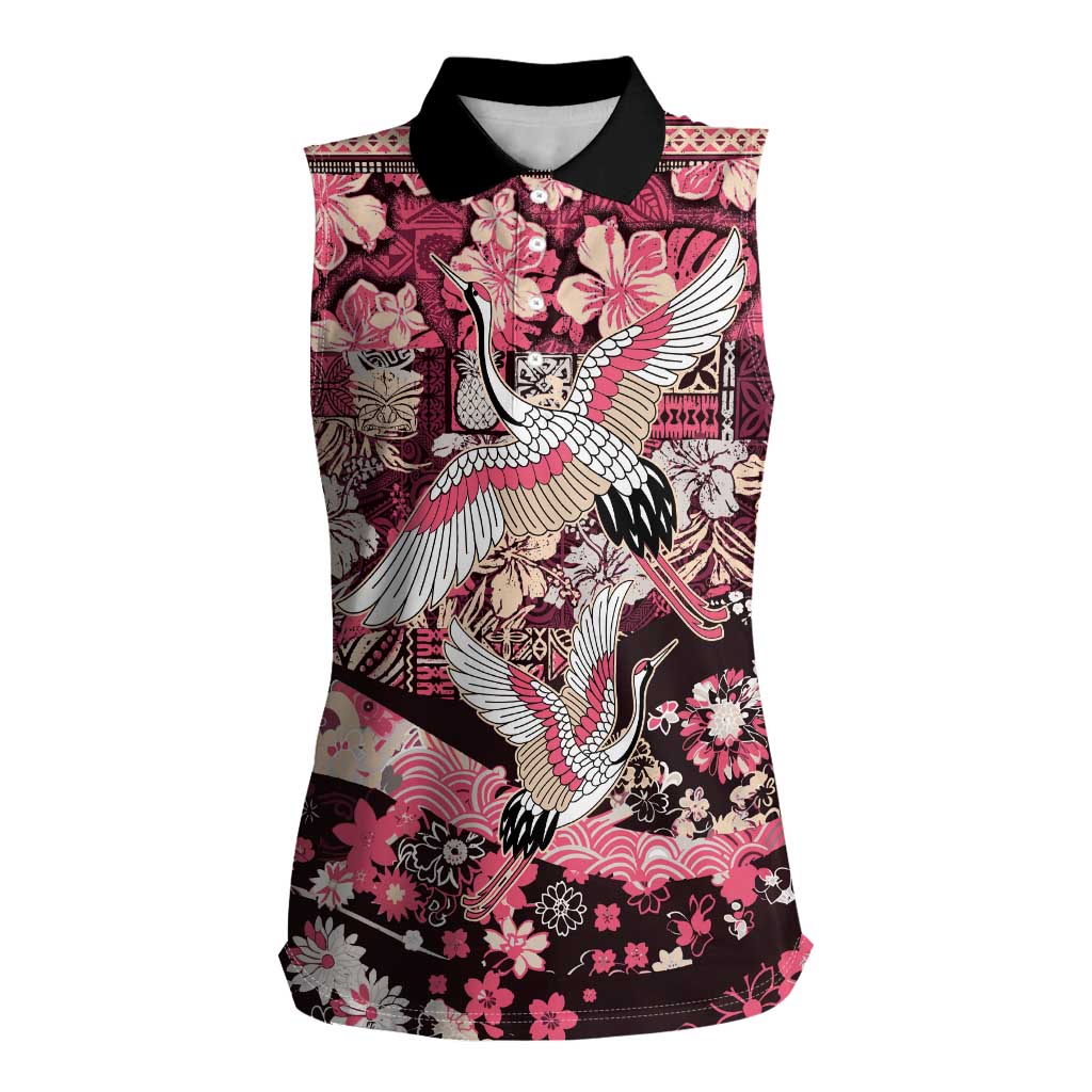 Japanese Hawaiian Crane Women Sleeveless Polo Shirt Soft Pink Tapa Patchwork Pattern LT9 Female Pink - Polynesian Pride