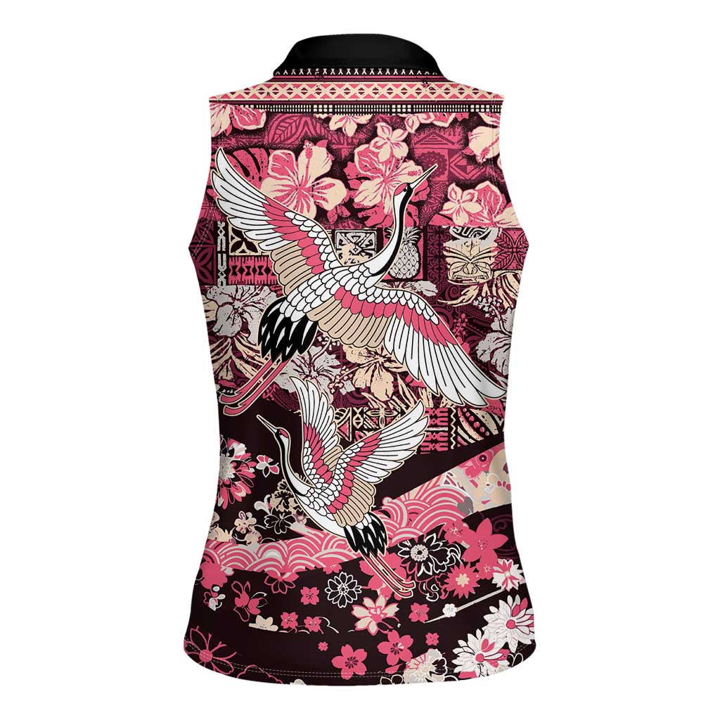 Japanese Hawaiian Crane Women Sleeveless Polo Shirt Soft Pink Tapa Patchwork Pattern LT9 - Polynesian Pride