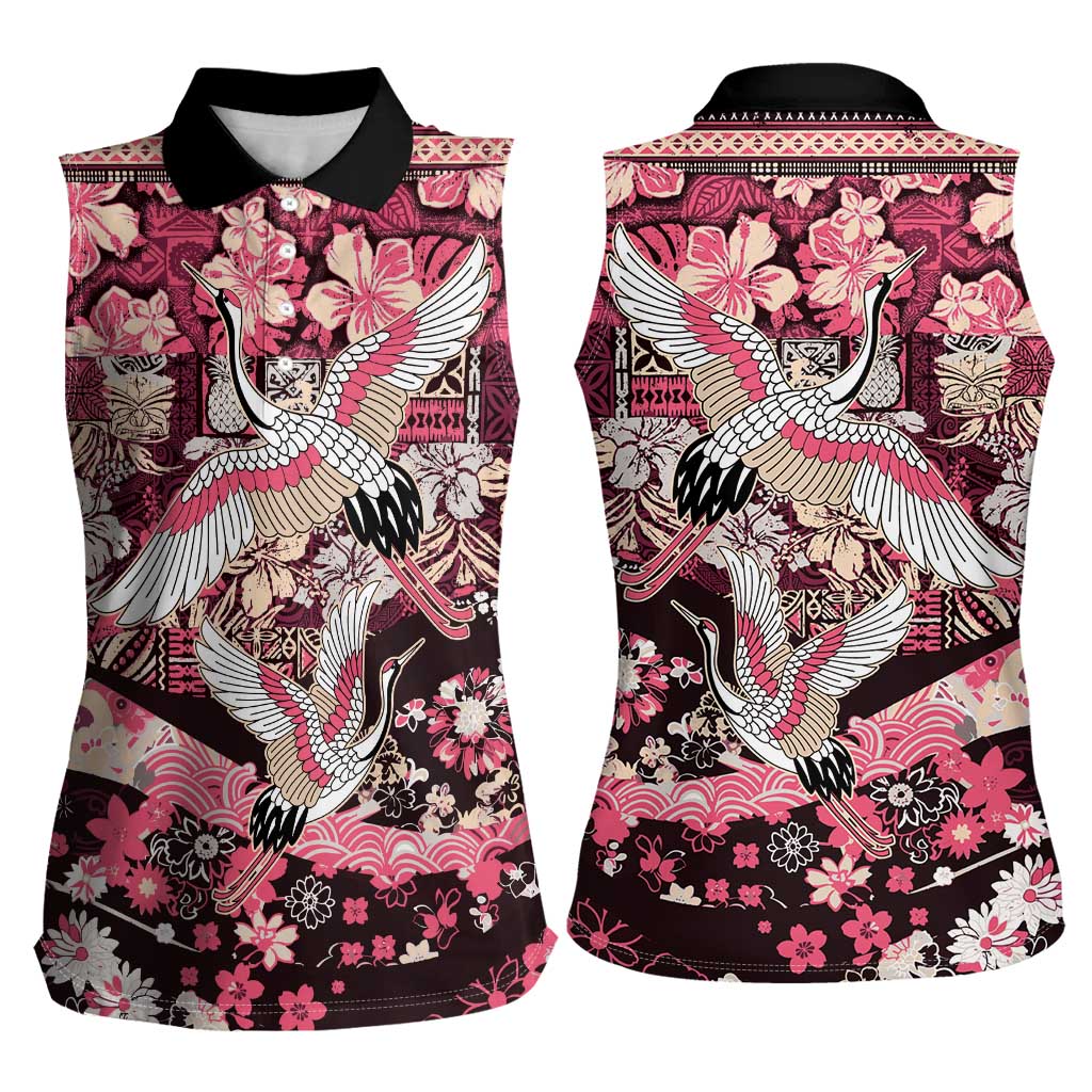 Japanese Hawaiian Crane Women Sleeveless Polo Shirt Soft Pink Tapa Patchwork Pattern LT9 - Polynesian Pride