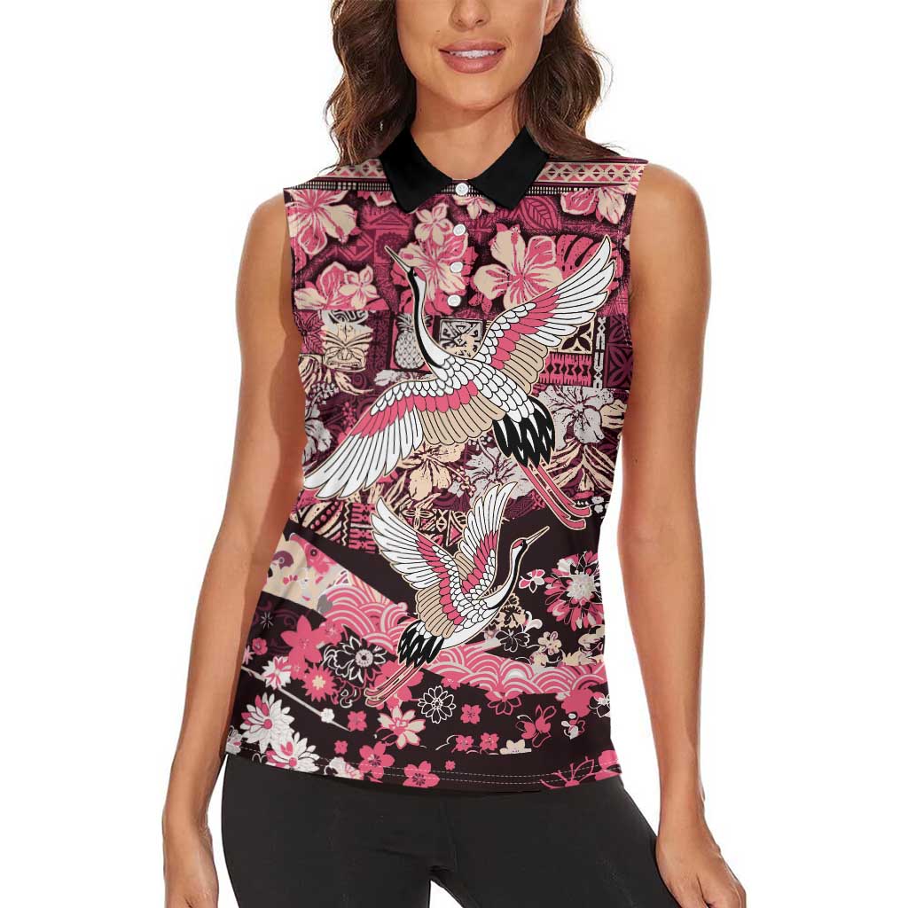 Japanese Hawaiian Crane Women Sleeveless Polo Shirt Soft Pink Tapa Patchwork Pattern LT9 - Polynesian Pride