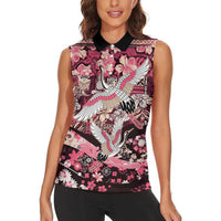 Japanese Hawaiian Crane Women Sleeveless Polo Shirt Soft Pink Tapa Patchwork Pattern LT9 - Polynesian Pride