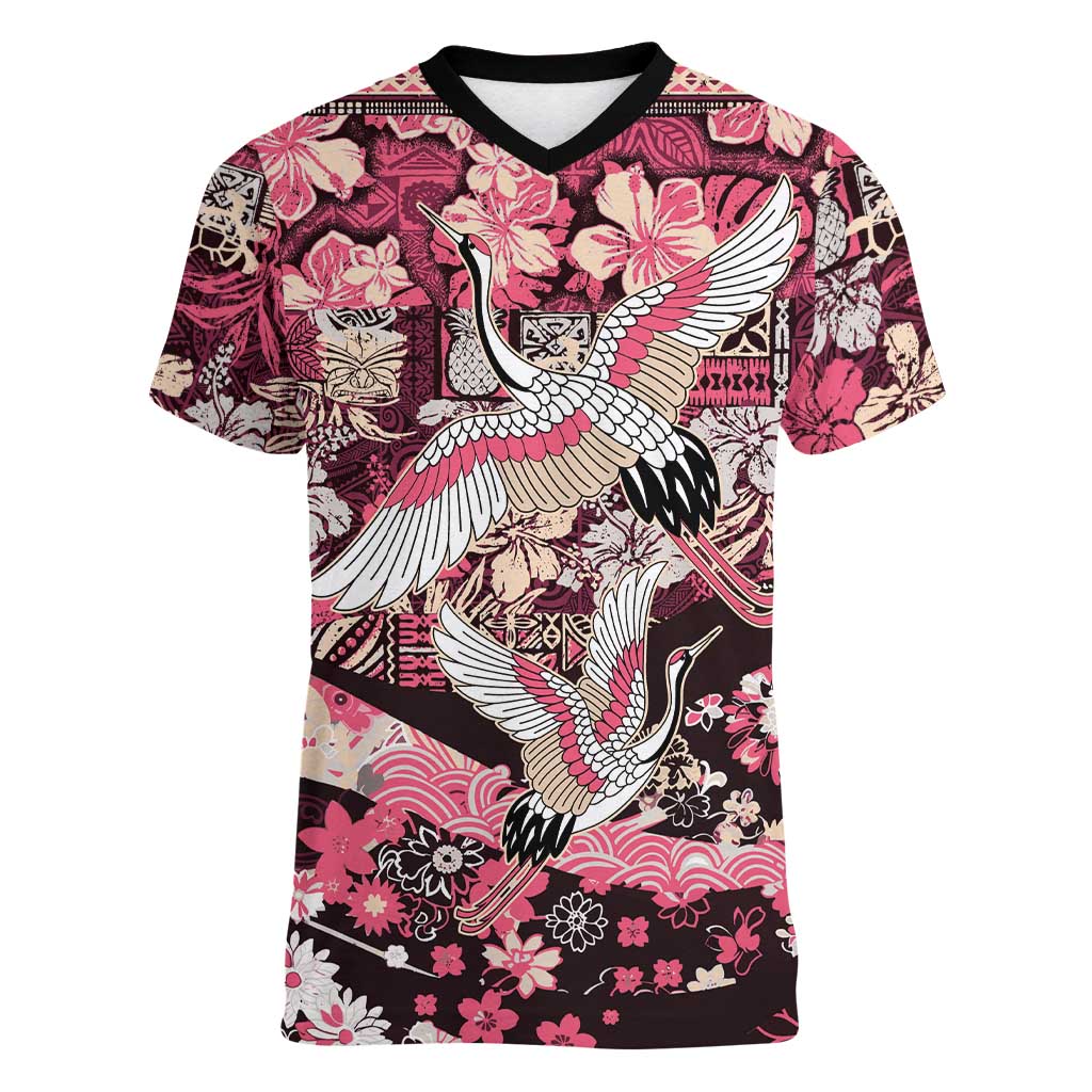 Japanese Hawaiian Crane Women V-Neck T-Shirt Soft Pink Tapa Patchwork Pattern LT9 Female Pink - Polynesian Pride
