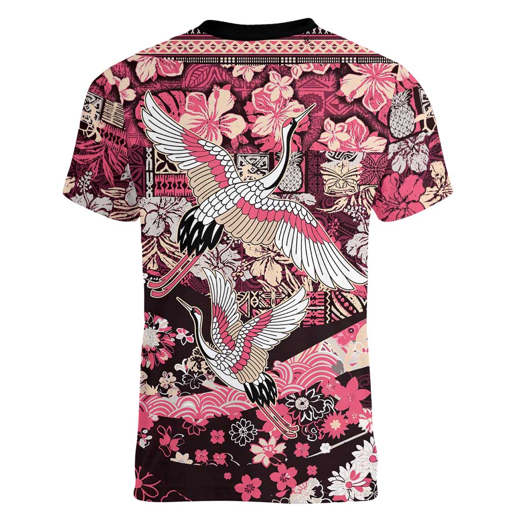 Japanese Hawaiian Crane Women V-Neck T-Shirt Soft Pink Tapa Patchwork Pattern LT9 - Polynesian Pride