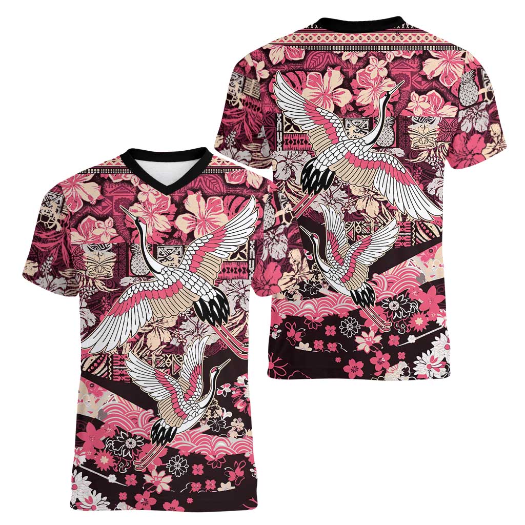 Japanese Hawaiian Crane Women V-Neck T-Shirt Soft Pink Tapa Patchwork Pattern LT9 - Polynesian Pride