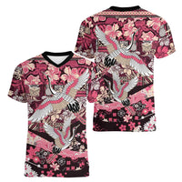 Japanese Hawaiian Crane Women V-Neck T-Shirt Soft Pink Tapa Patchwork Pattern LT9 - Polynesian Pride