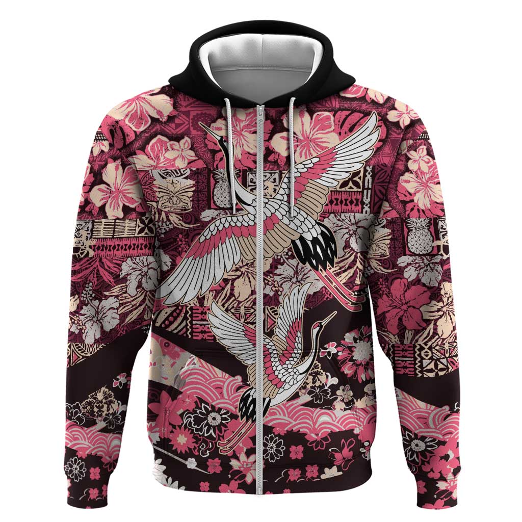 Japanese Hawaiian Crane Zip Hoodie Soft Pink Tapa Patchwork Pattern LT9 Zip Hoodie Pink - Polynesian Pride