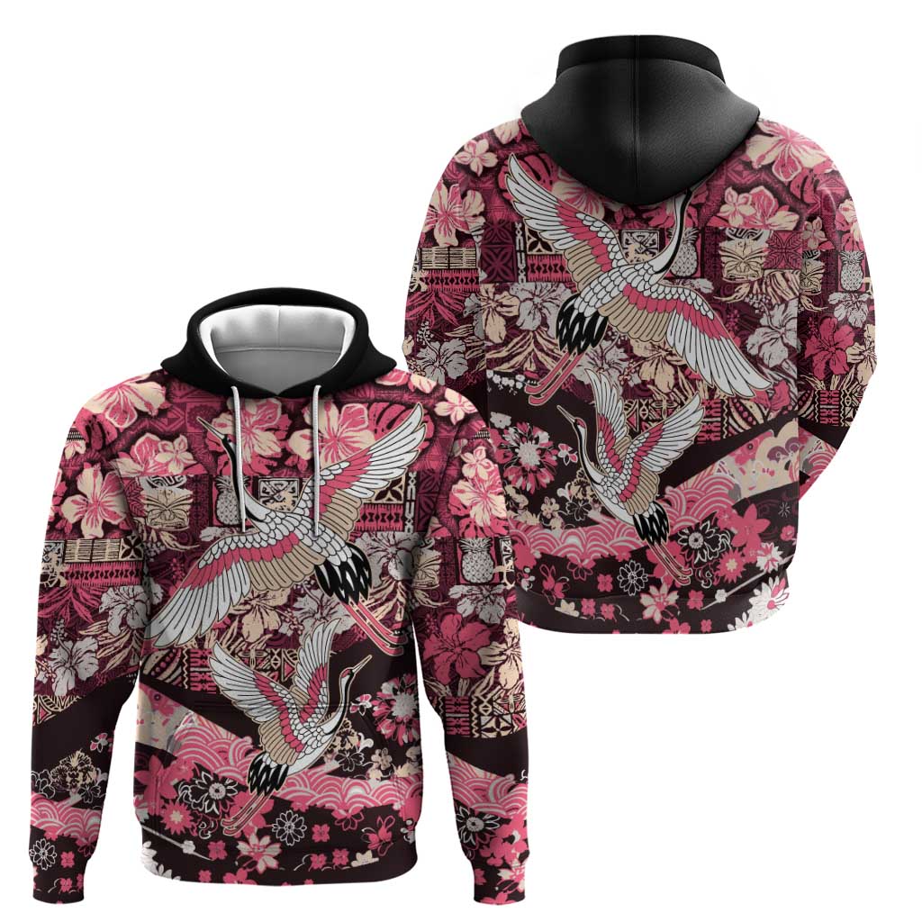 Japanese Hawaiian Crane Zip Hoodie Soft Pink Tapa Patchwork Pattern LT9 - Polynesian Pride