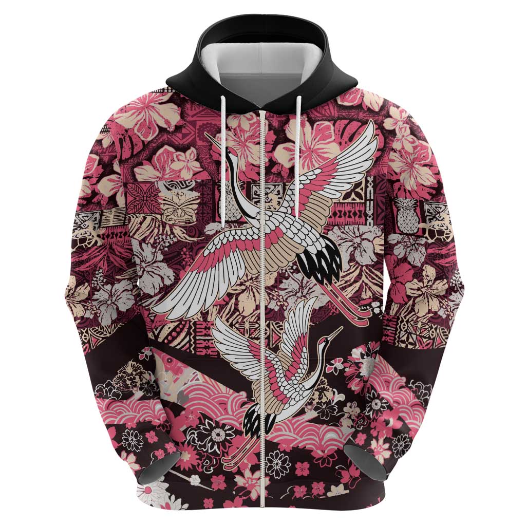 Japanese Hawaiian Crane Zip Hoodie Soft Pink Tapa Patchwork Pattern LT9 - Polynesian Pride