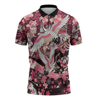 Japanese Hawaiian Crane Zipper Polo Shirt Soft Pink Tapa Patchwork Pattern LT9 Pink - Polynesian Pride