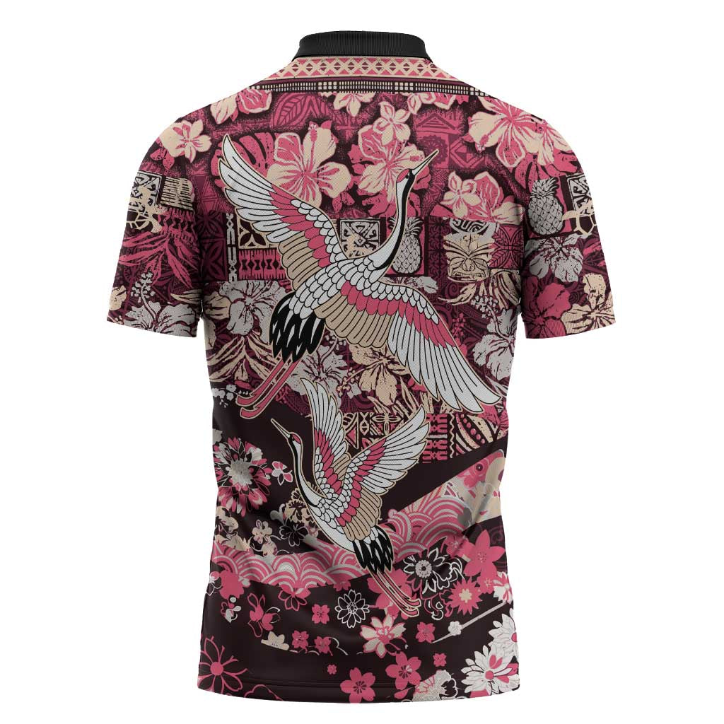 Japanese Hawaiian Crane Zipper Polo Shirt Soft Pink Tapa Patchwork Pattern LT9 - Polynesian Pride